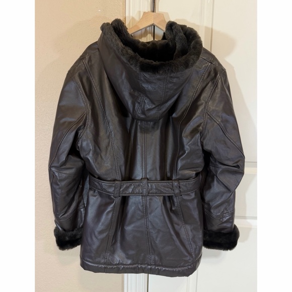 Pelle Thick Leather Jacket Faux Fur Belted with Hood Full Zip Women’s XL Brown - Picture 7 of 16